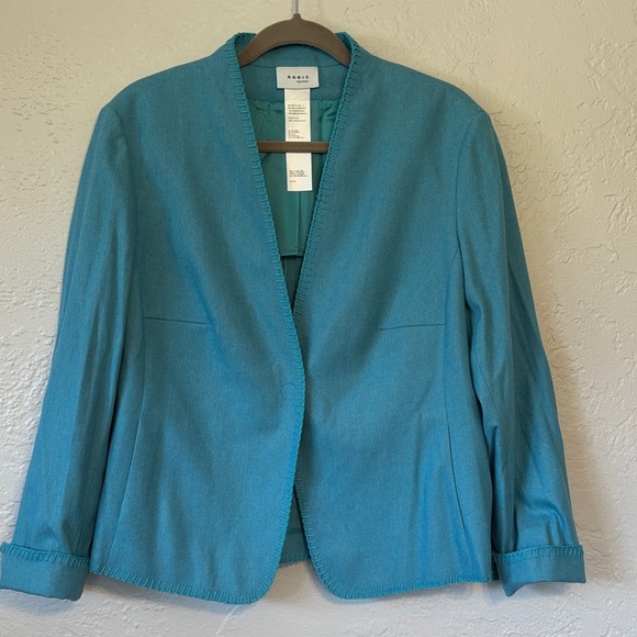 Akris Punto Jackets & Blazers - Akris Punto Cerulean Blazer Jacket 14 Snap Front WhipStitch trim Wool Cotton